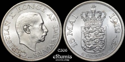 DENMARK, Christian X, 2 Kroner 1937, 25th Anniversary of Reign, UNC