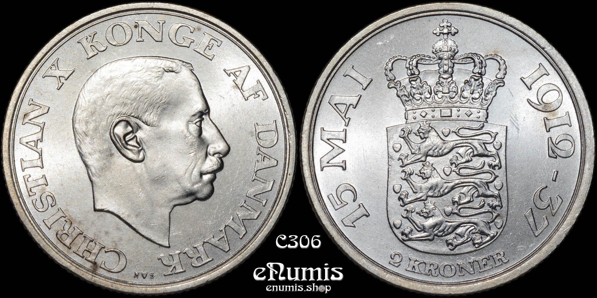 DENMARK, Christian X, 2 Kroner 1937, 25th Anniversary of Reign, UNC