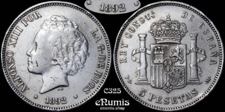 SPAIN, Alfonso XIII, 5 Pesetas 1892 *9292 PG-M, Very Rare!, VF