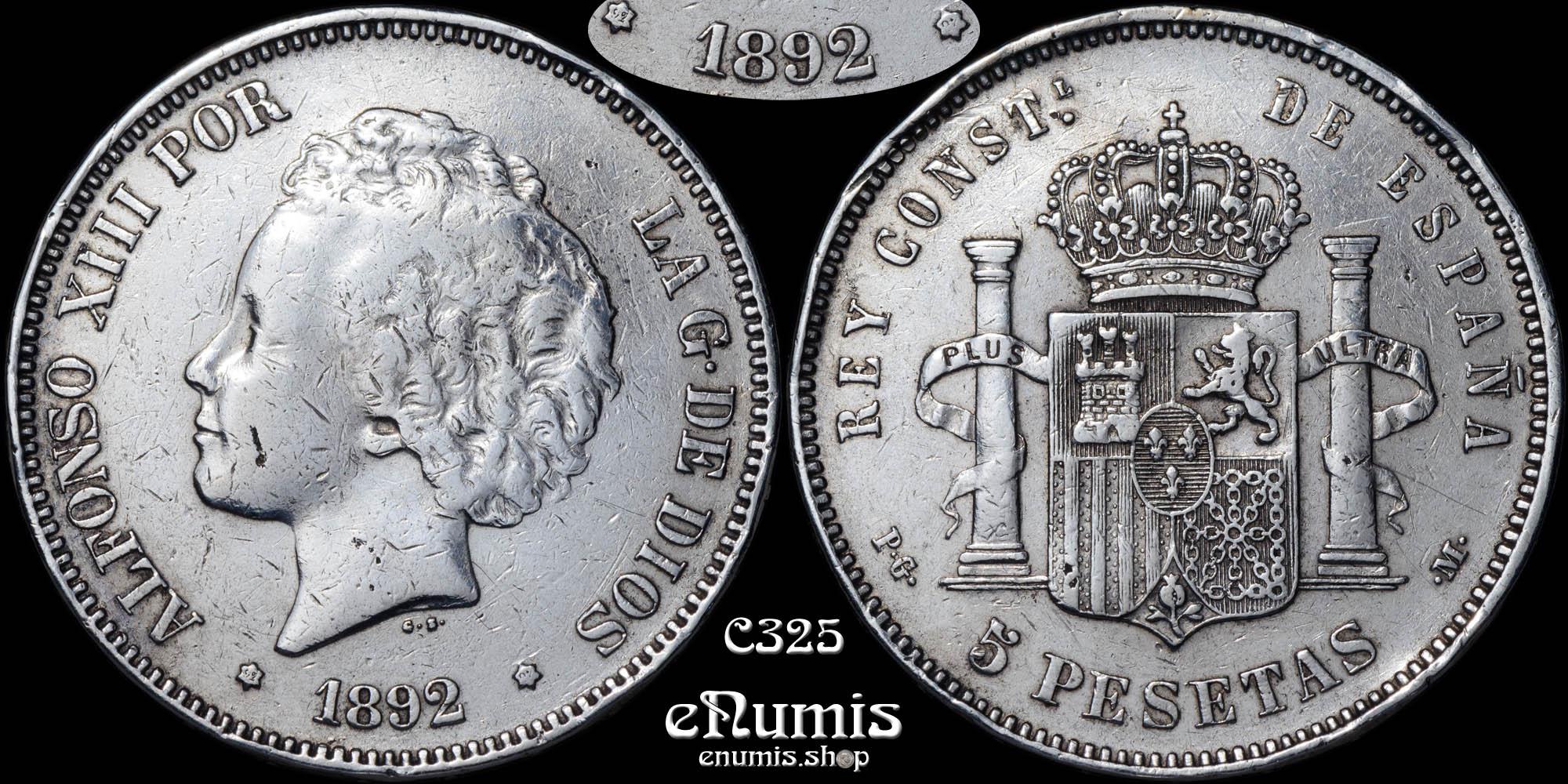SPAIN, Alfonso XIII, 5 Pesetas 1892 *9292 PG-M, Very Rare!, VF