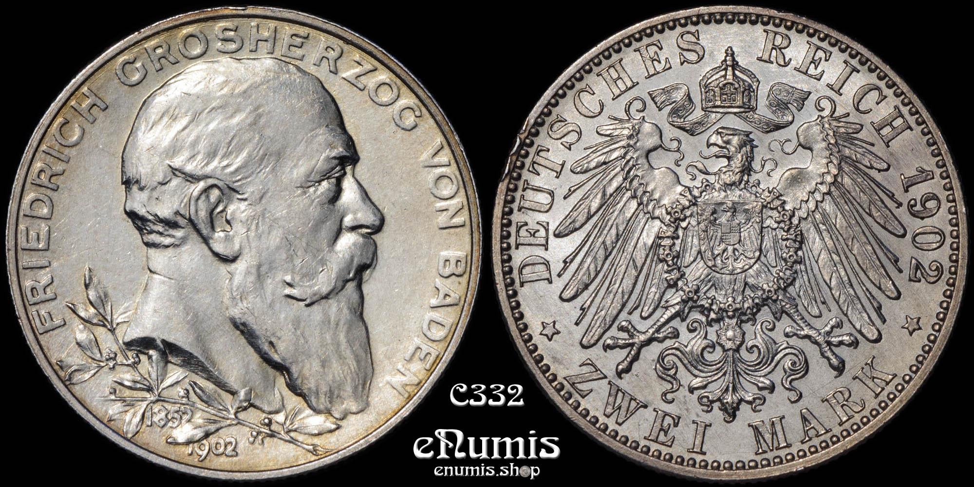 GERMANY BADEN, Friedrich I, 2 Mark 1902, 50th Year of Reign, aUNC