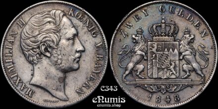 GERMANY BAVARIA, Maximilian II, 2 Gulden 1848, VF-XF