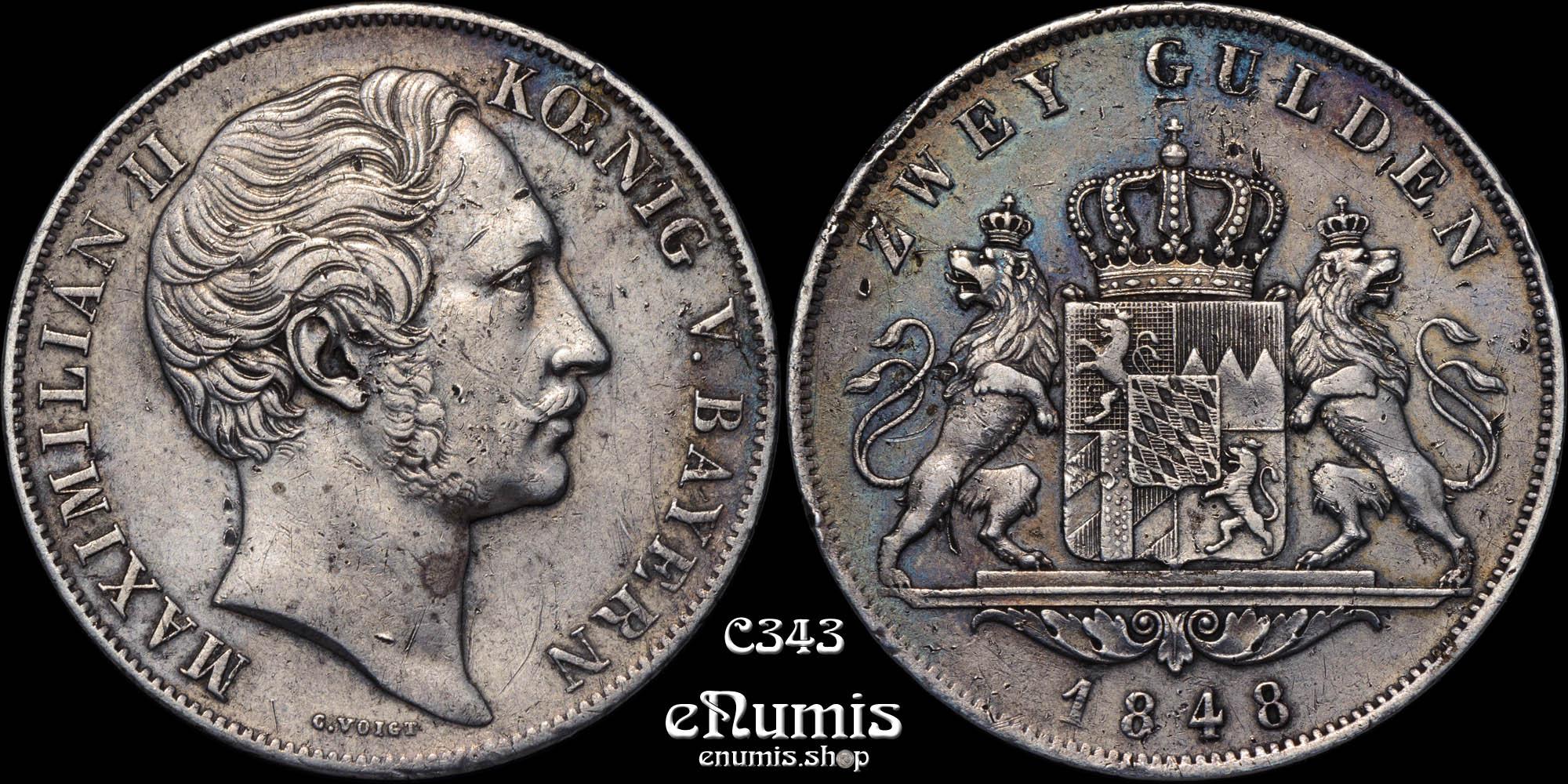 GERMANY BAVARIA, Maximilian II, 2 Gulden 1848, VF-XF