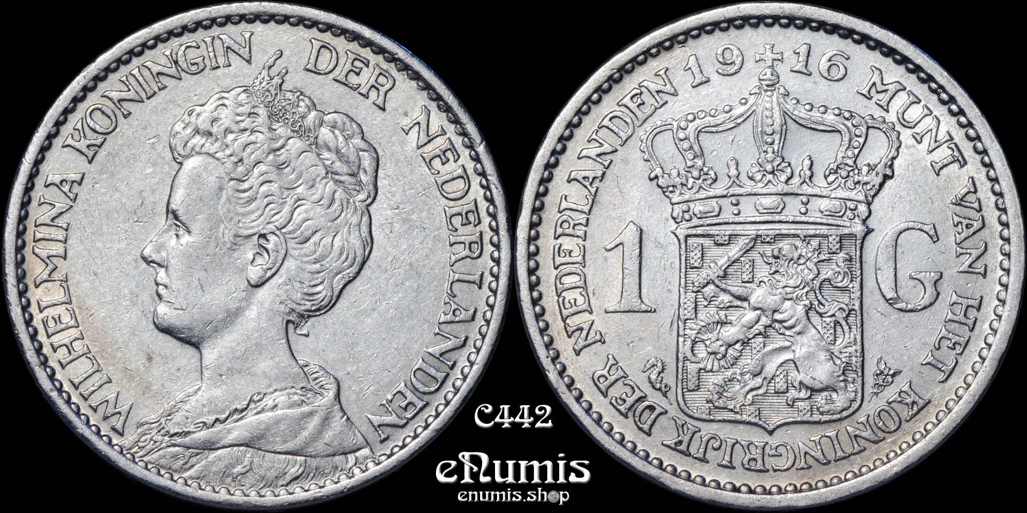 NETHERLANDS, Wilhelmina, 1 Gulden 1916, XF+