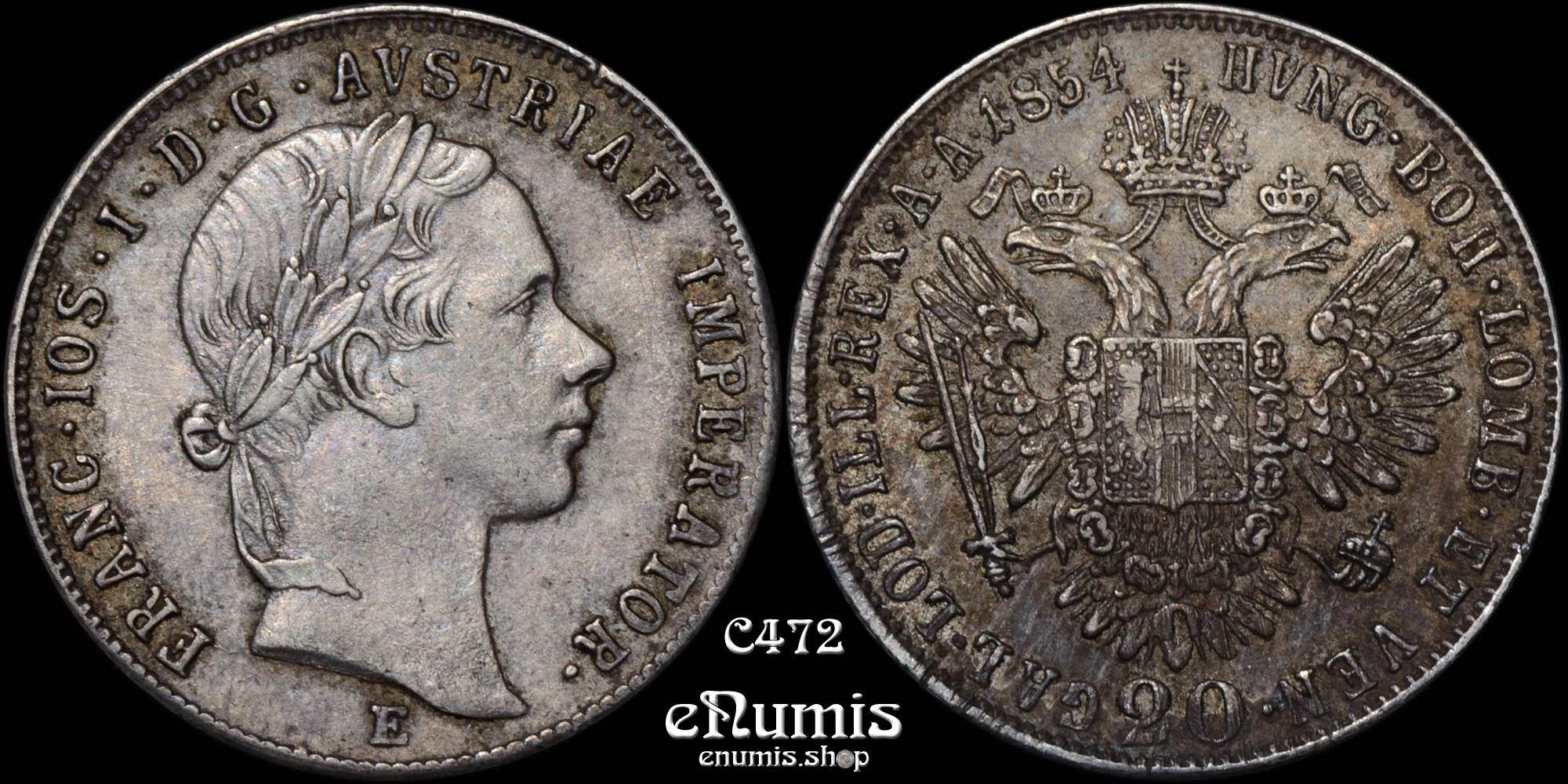 AUSTRIA, Franz Joseph I, 20 Kreuzer 1854 E, Karlsburg, XF-UNC AUSTRIA, Franz Joseph I, 20 Kreuzer 1854 E, Karlsburg, XF-UNC
