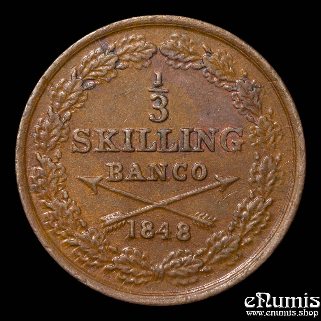 SWEDEN, Oscar I, 1/3 Skilling Banco 1848, UNC