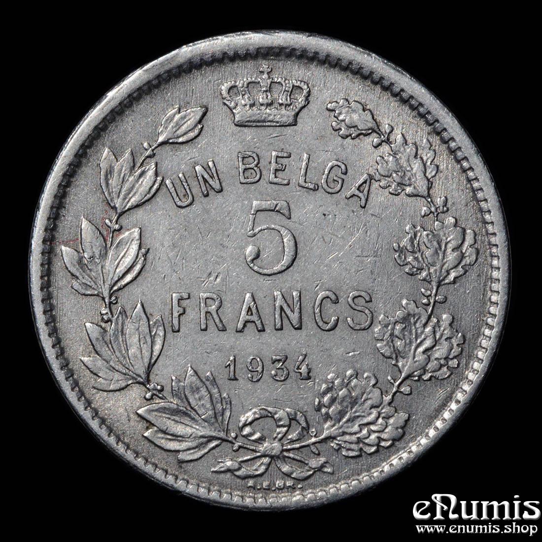 BELGIUM, Albert I, 5 Francs 1934, Des Belges, Rare, XF