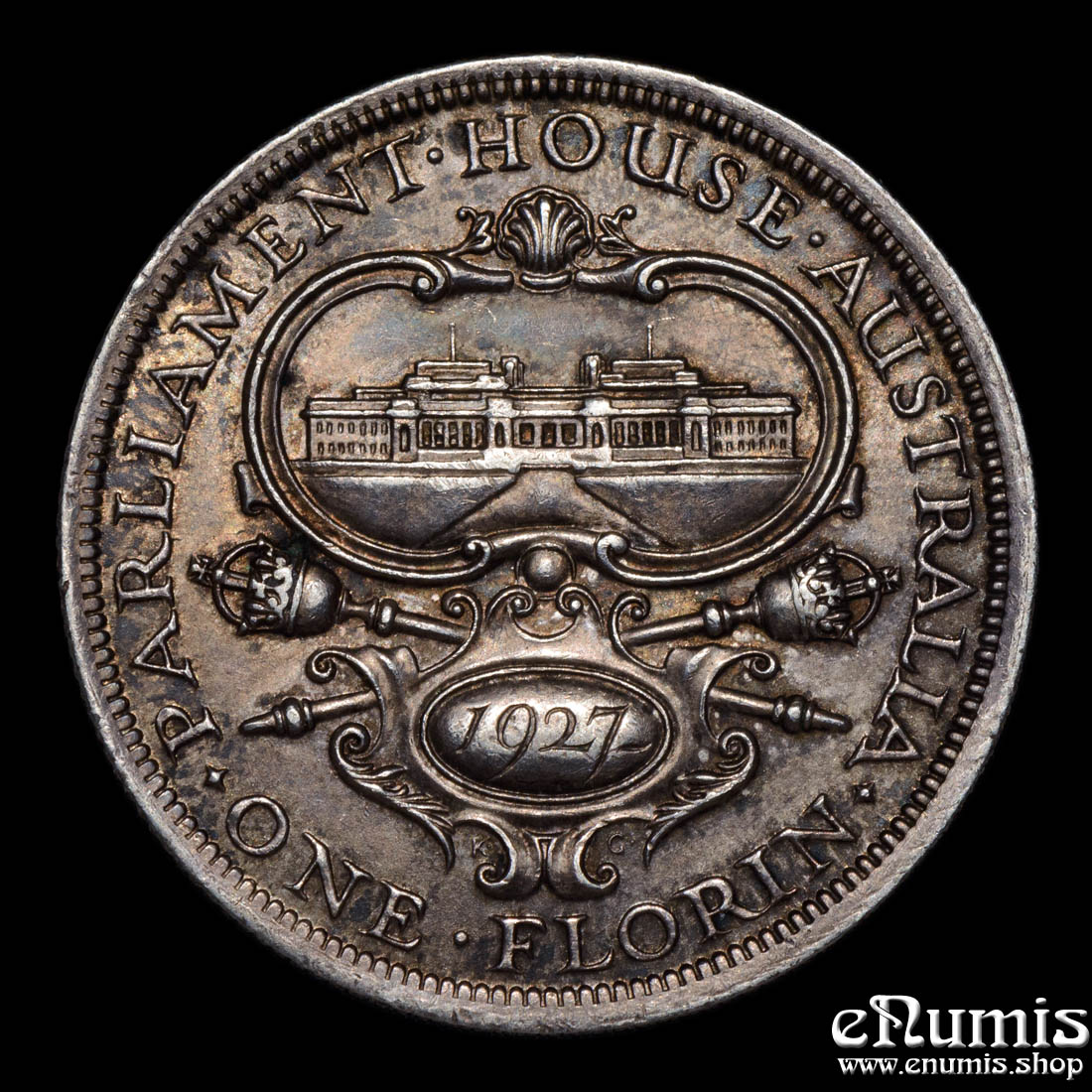 AUSTRALIA, George V, Florin 1927, toned, Opening of Parliament House, aUNC