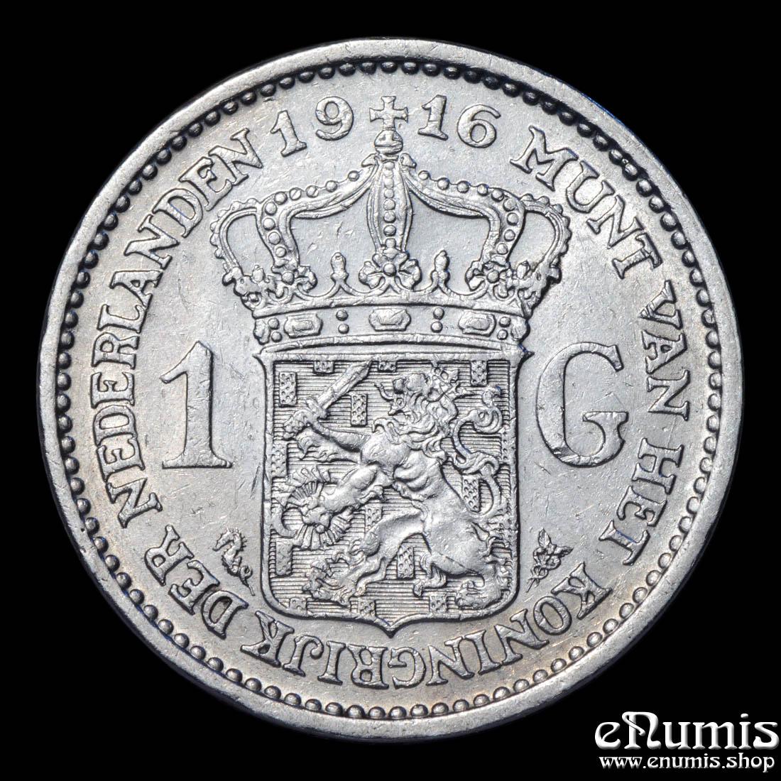 NETHERLANDS, Wilhelmina, 1 Gulden 1916, XF+