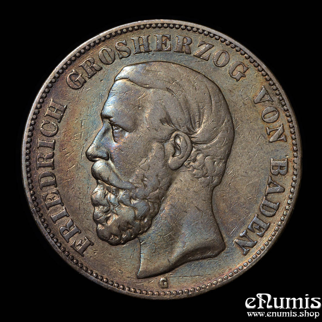 Germany, Baden, Friedrich I, 5 Mark 1876, inverted V for A of BADEN, good VF