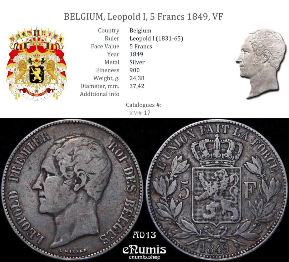 BELGIUM, Leopold I, 5 Francs 1849, VF