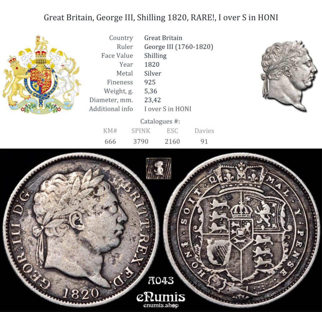 Great Britain, George III, Shilling 1820, RARE!, I over S in HONI Great Britain, George III, Shilling 1820, RARE!, I over S in HONI