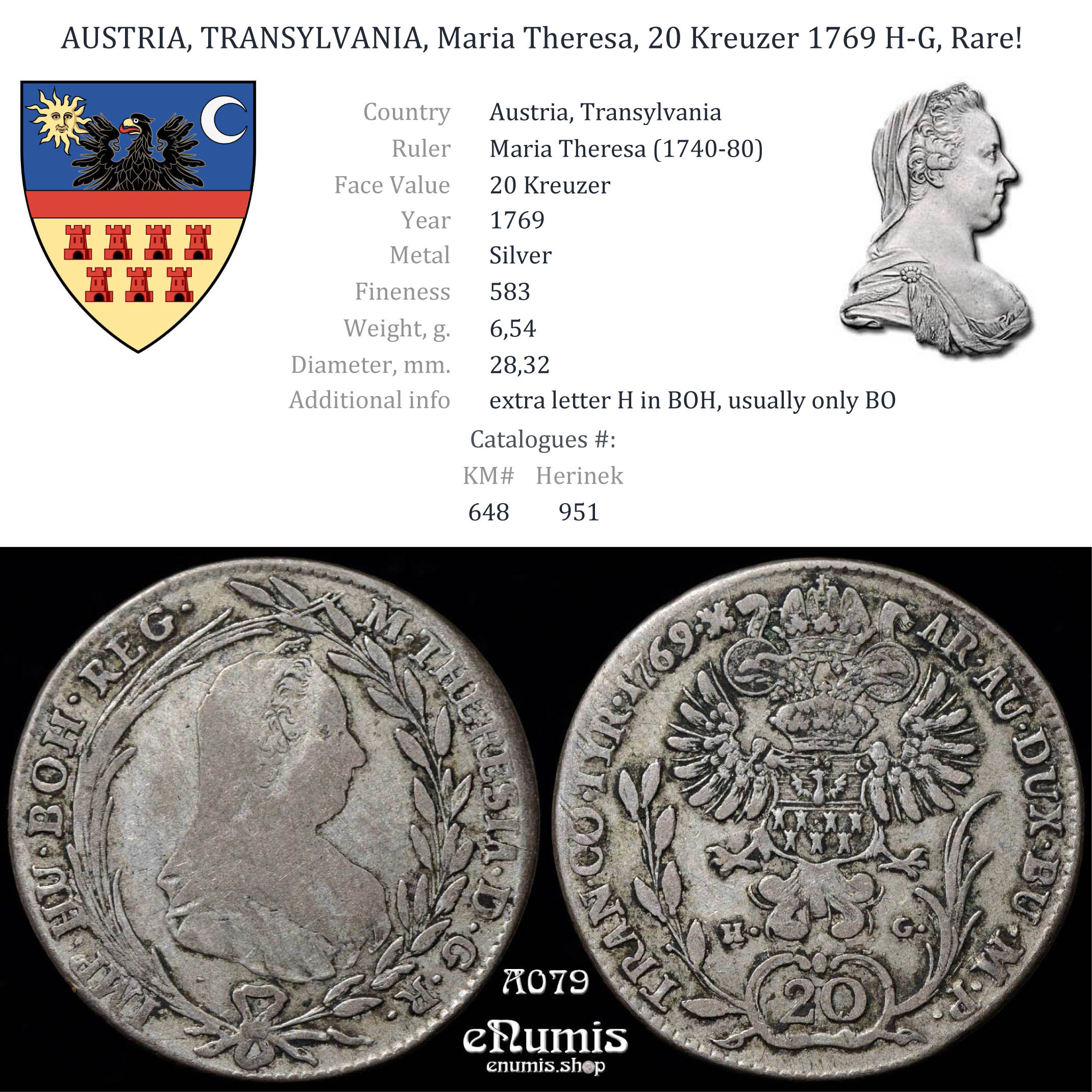 AUSTRIA, TRANSYLVANIA, Maria Theresa, 20 Kreuzer 1769 H-G, Rare