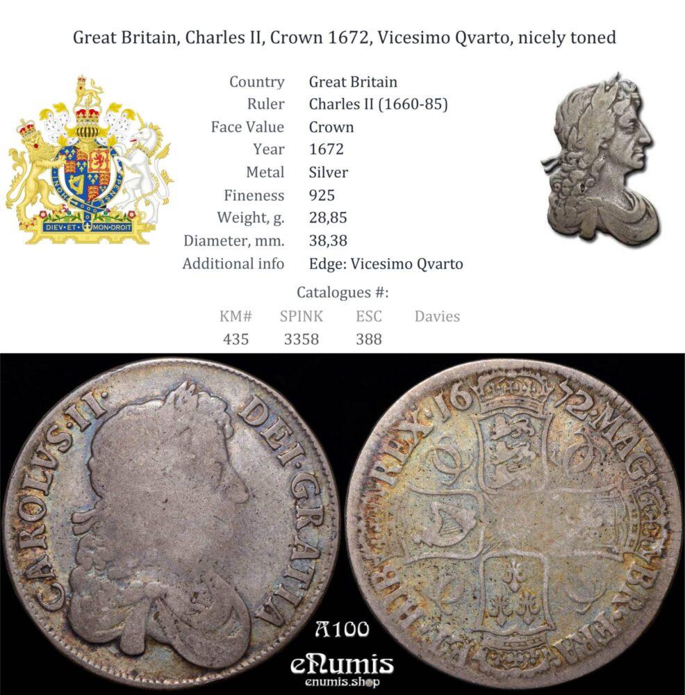 Great Britain, Charles II, Crown 1672, Vicesimo Qvarto, nicely toned Great Britain, Charles II, Crown 1672, Vicesimo Qvarto, nicely toned