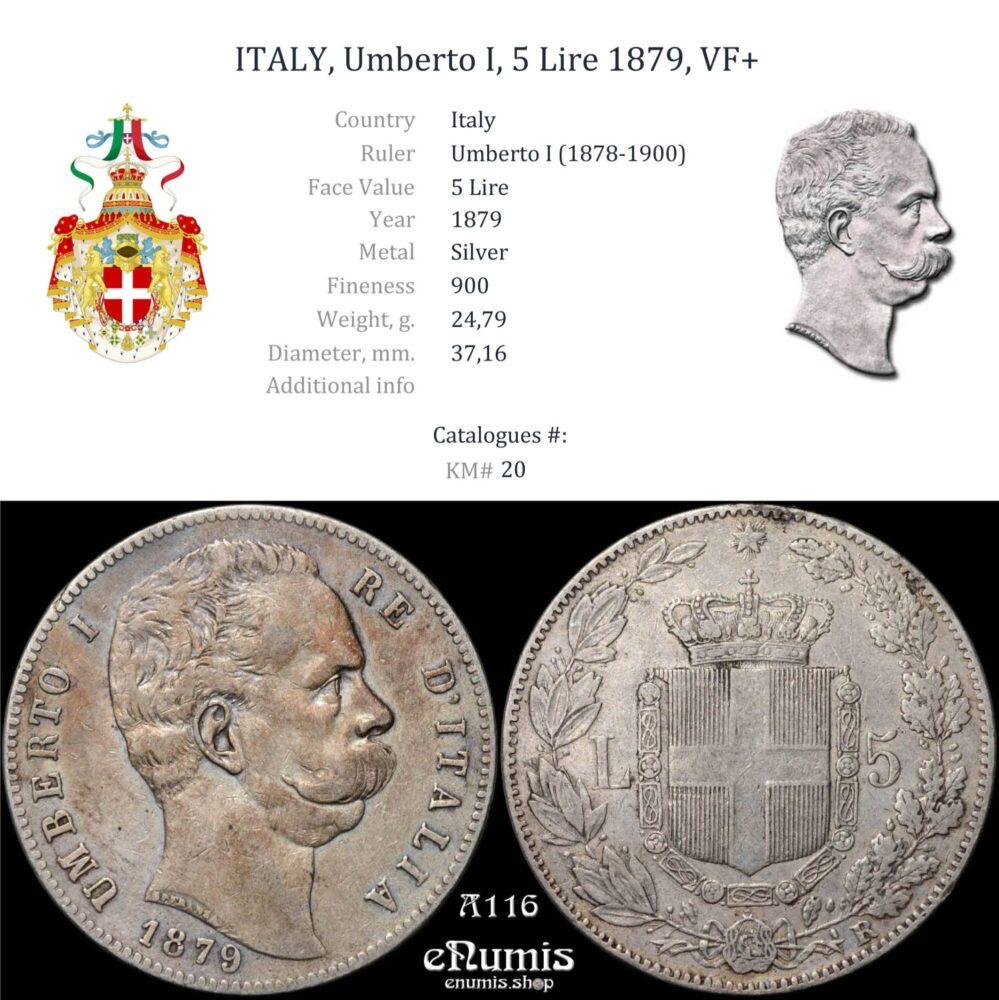 ITALY, Umberto I, 5 Lire 1879, VF+