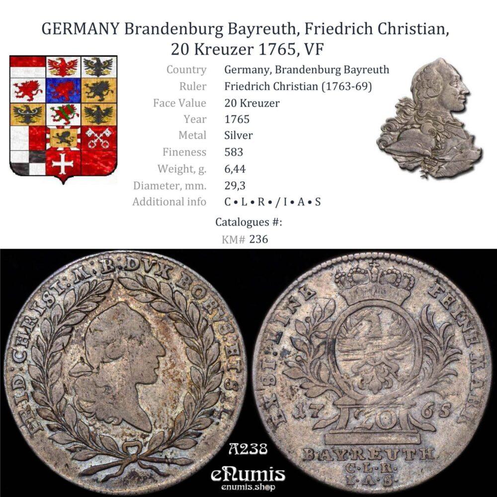 GERMANY Brandenburg Bayreuth, Friedrich Christian, 20 Kreuzer 1765, VF