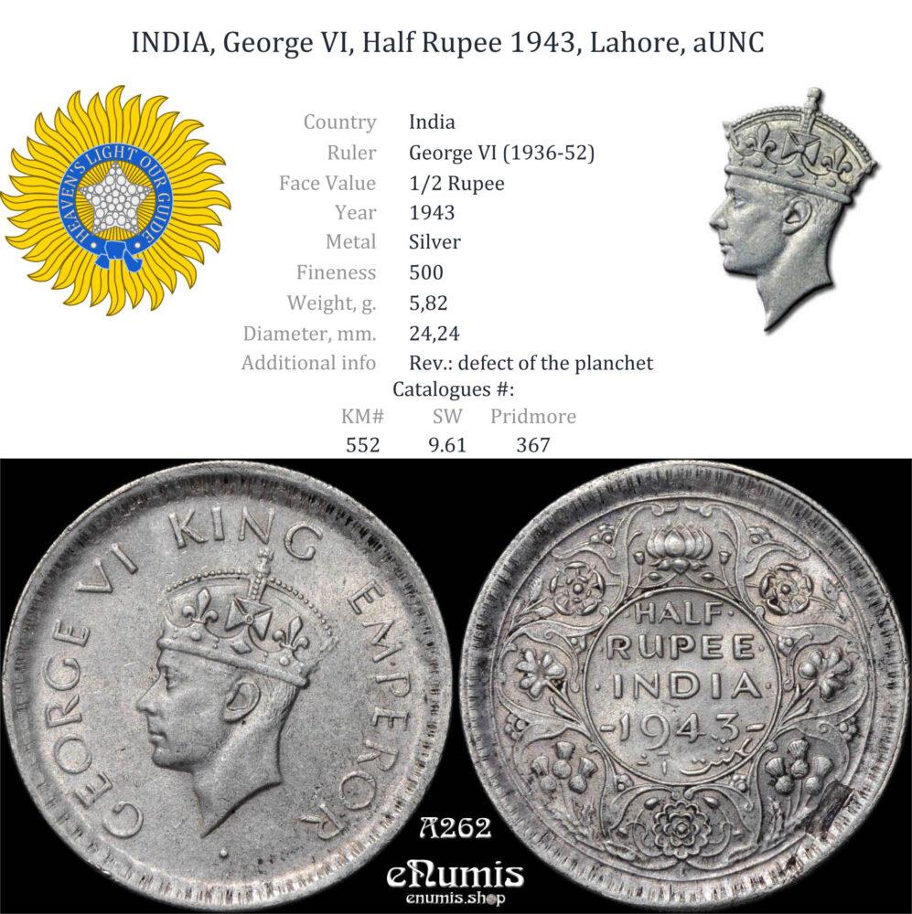 INDIA, George VI, Half Rupee 1943, Lahore, aUNC