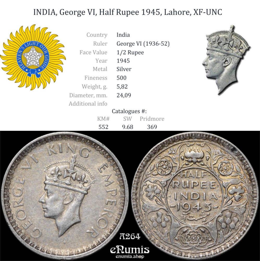 INDIA, George VI, Half Rupee 1945, Lahore, XF-UNC