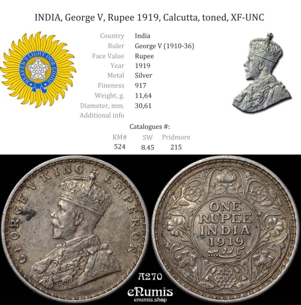 INDIA, George V, Rupee 1919, Calcutta, toned, XF-UNC