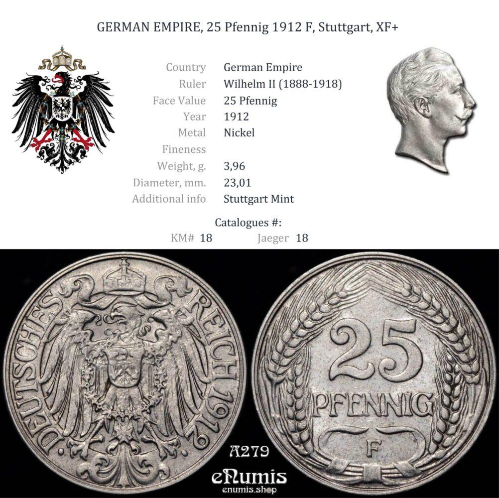 GERMAN EMPIRE, 25 Pfennig 1912 F, Stuttgart, XF+