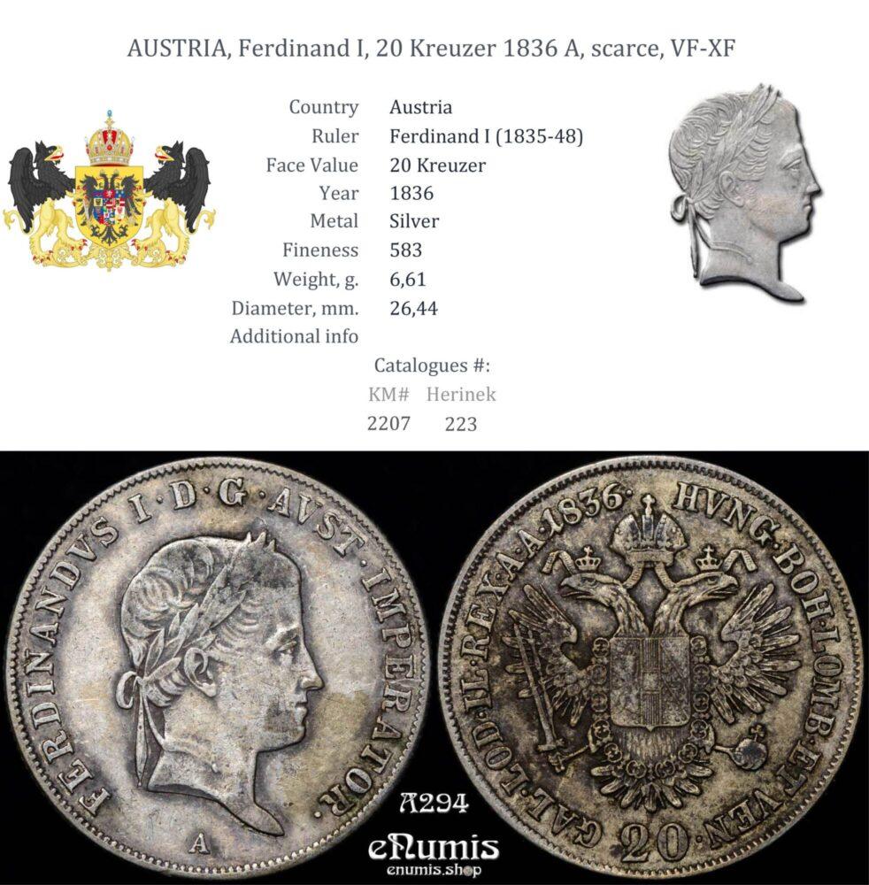 AUSTRIA, Ferdinand I, 20 Kreuzer 1836 A, scarce, VF-XF