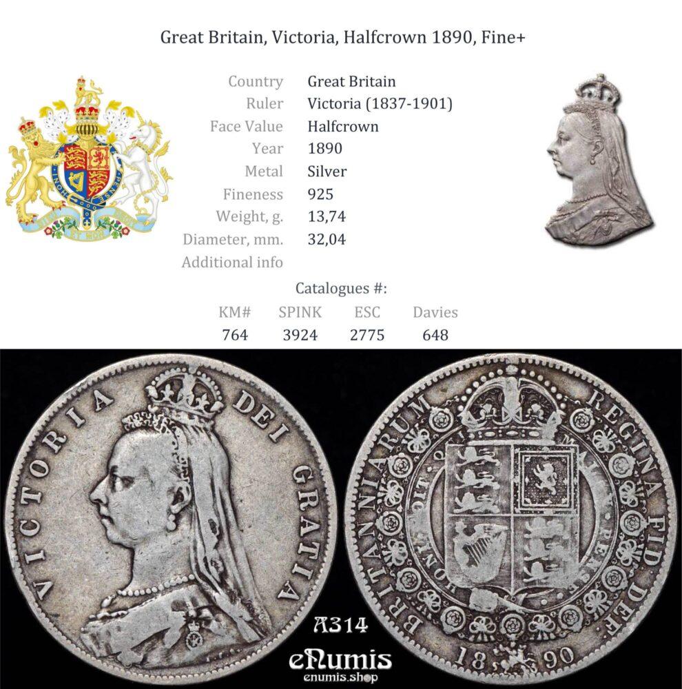 Great Britain, Victoria, Halfcrown 1890, Fine+ Great Britain, Victoria, Halfcrown 1890, Fine+