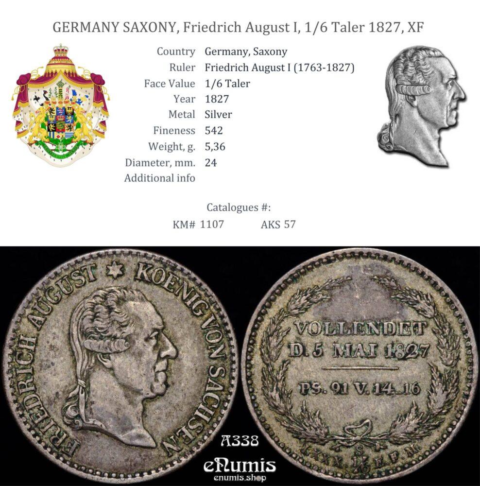 GERMANY SAXONY, Friedrich August I, 1/6 Taler 1827, XF