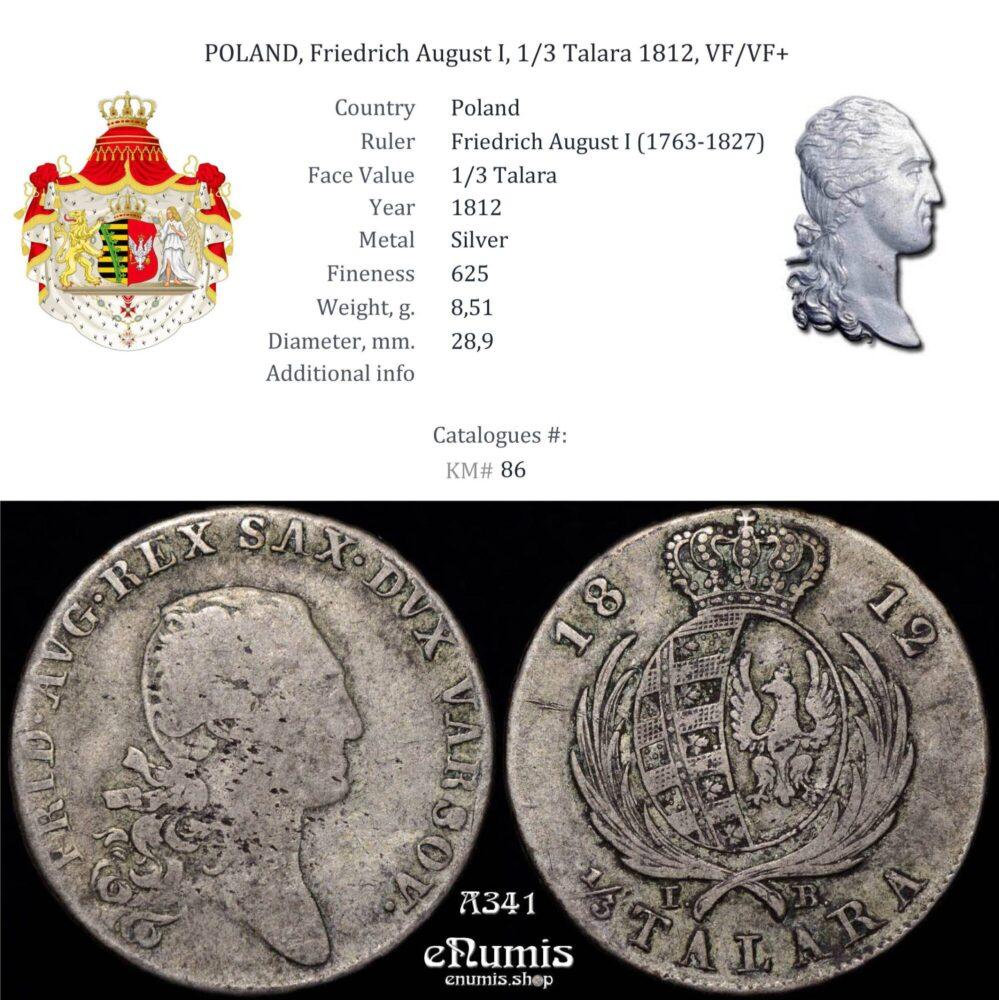 POLAND, Friedrich August I, 1/3 Talara 1812, VF/VF+