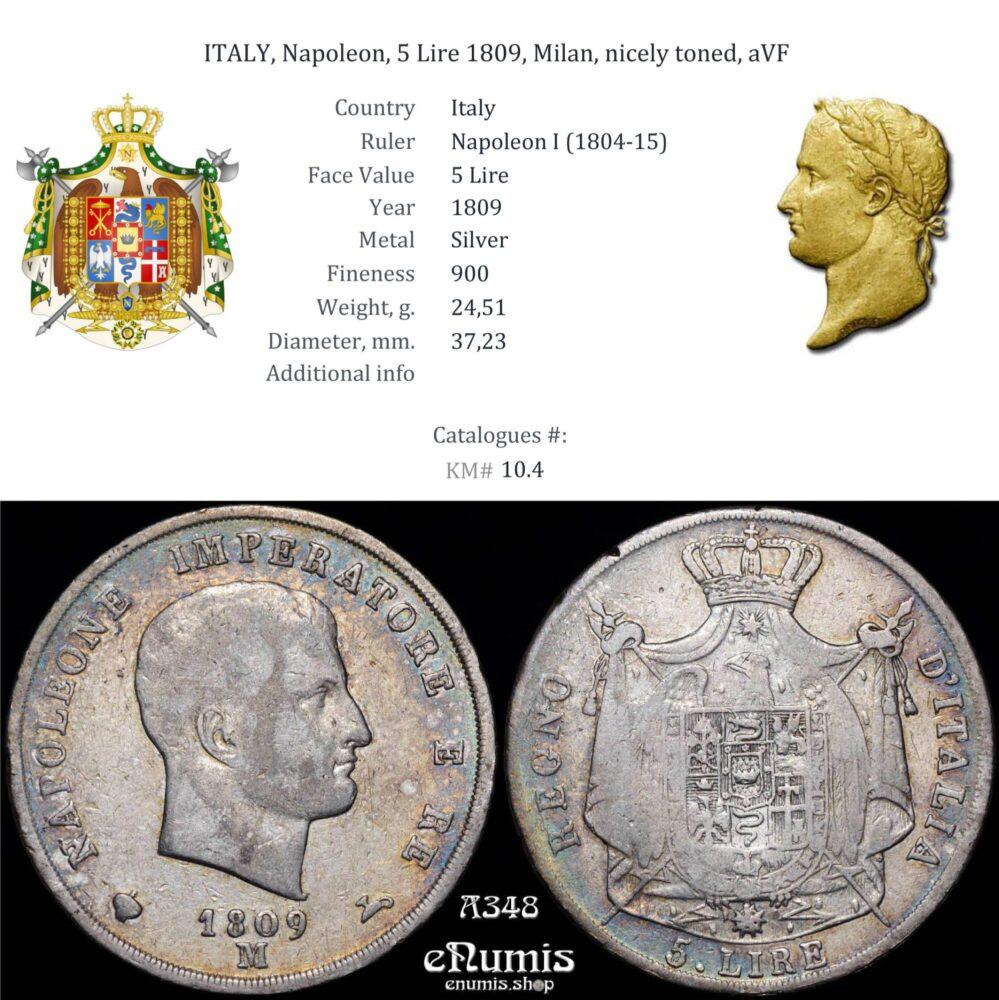 ITALY, Napoleon, 5 Lire 1809, Milan, nicely toned, aVF