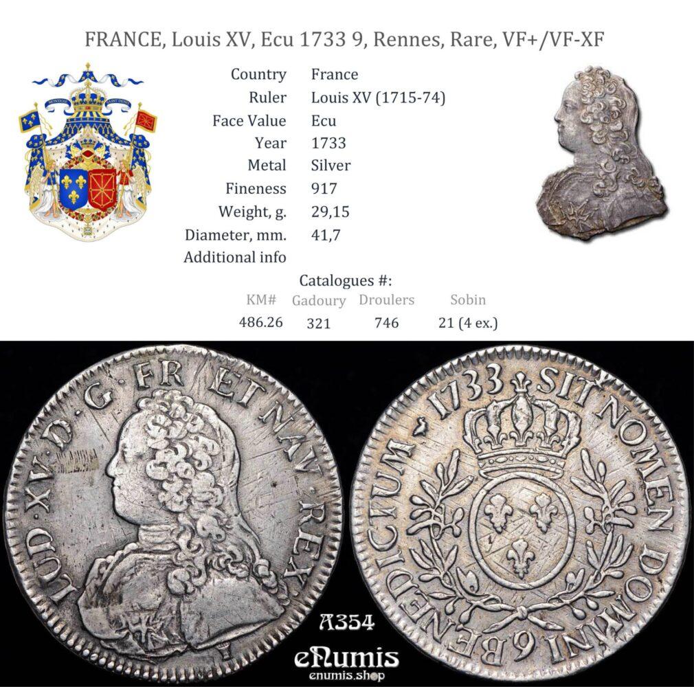 FRANCE, Louis XV, Ecu 1733 9, Rennes, Rare, VF+/VF-XF