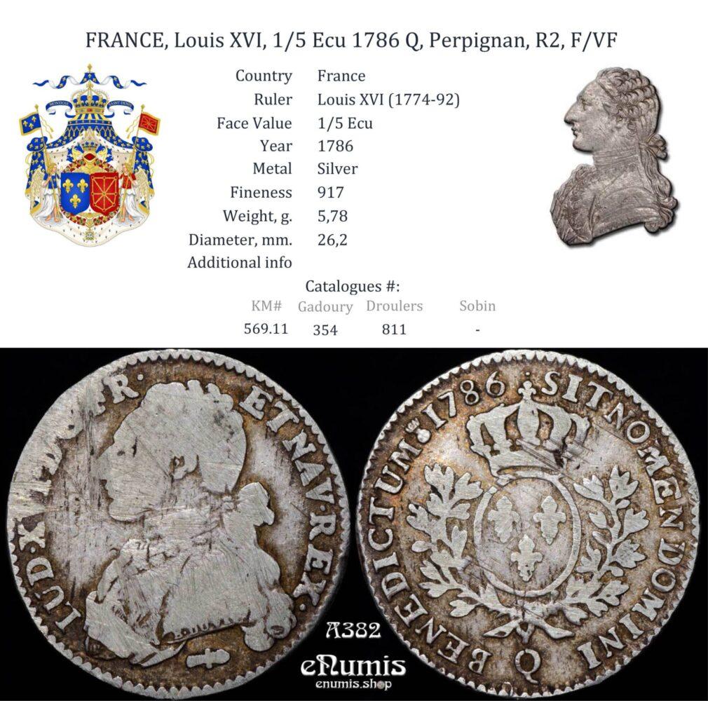 FRANCE, Louis XVI, 1/5 Ecu 1786 Q, Perpignan, R2, F/VF FRANCE, Louis XVI, 1/5 Ecu 1786 Q, Perpignan, R2, F/VF