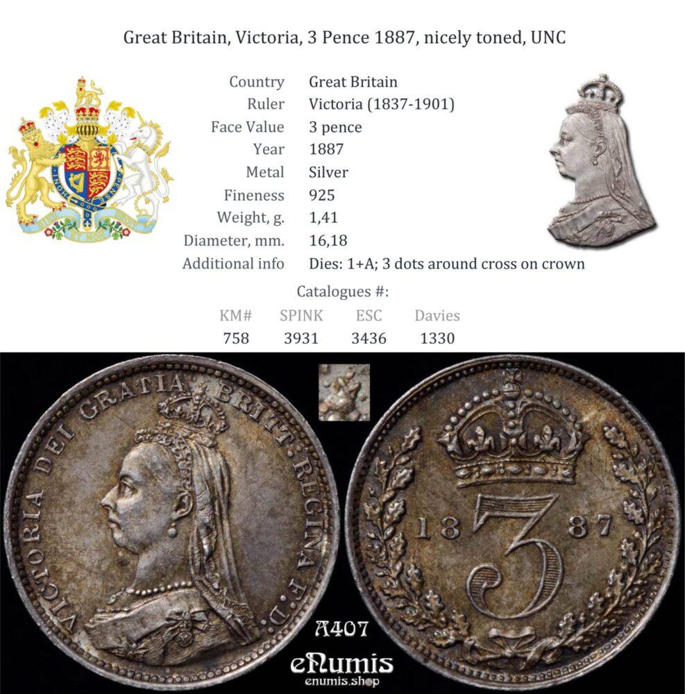Great Britain, Victoria, 3 Pence 1887, nicely toned, UNC Great Britain, Victoria, 3 Pence 1887, nicely toned, UNC