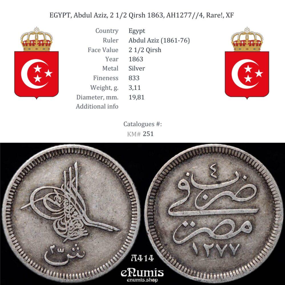 EGYPT, Abdul Aziz, 2 1/2 Qirsh 1863, AH1277//4, Rare!, XF