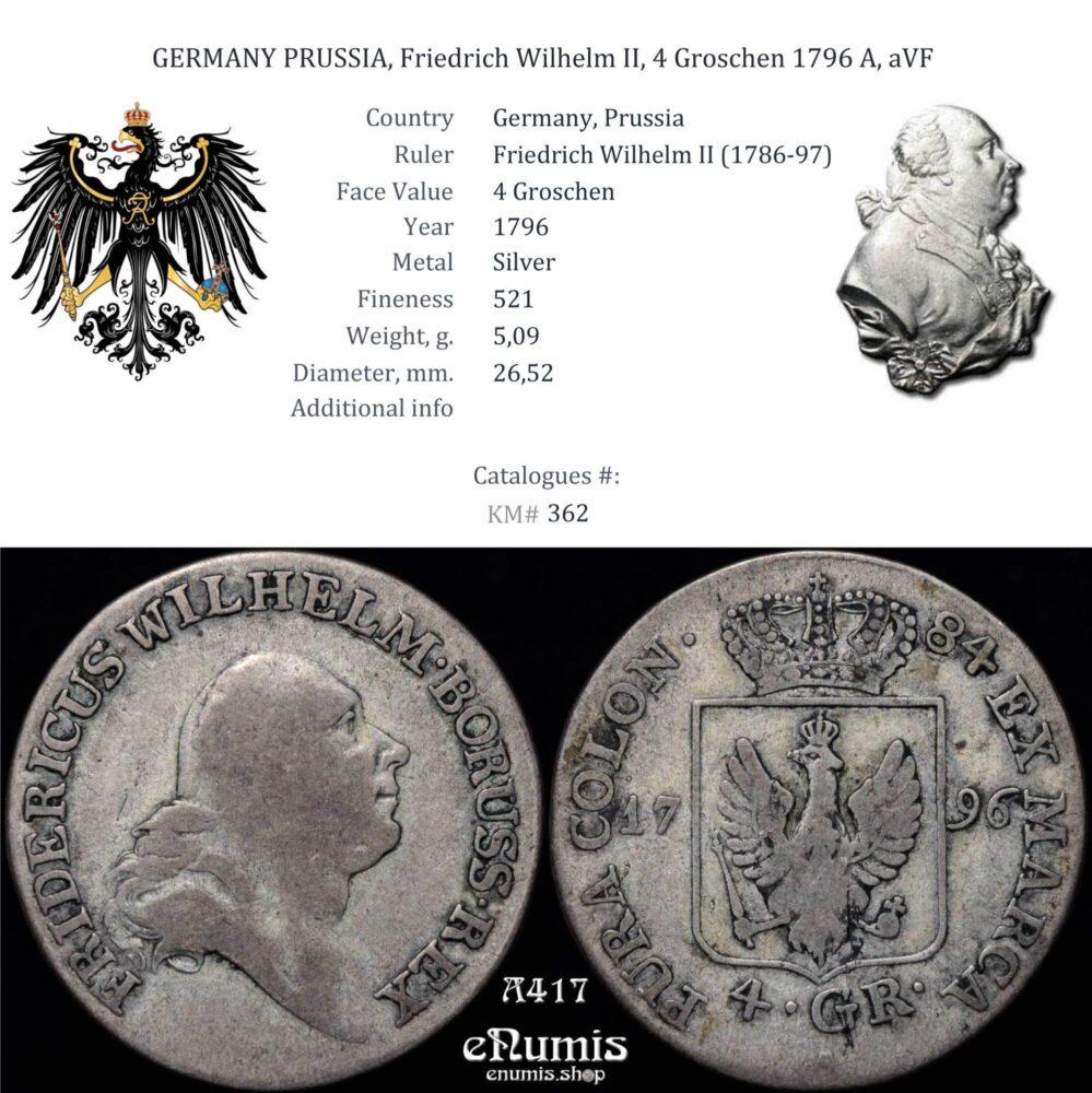 GERMANY PRUSSIA, Friedrich Wilhelm II, 4 Groschen 1796 A, aVF