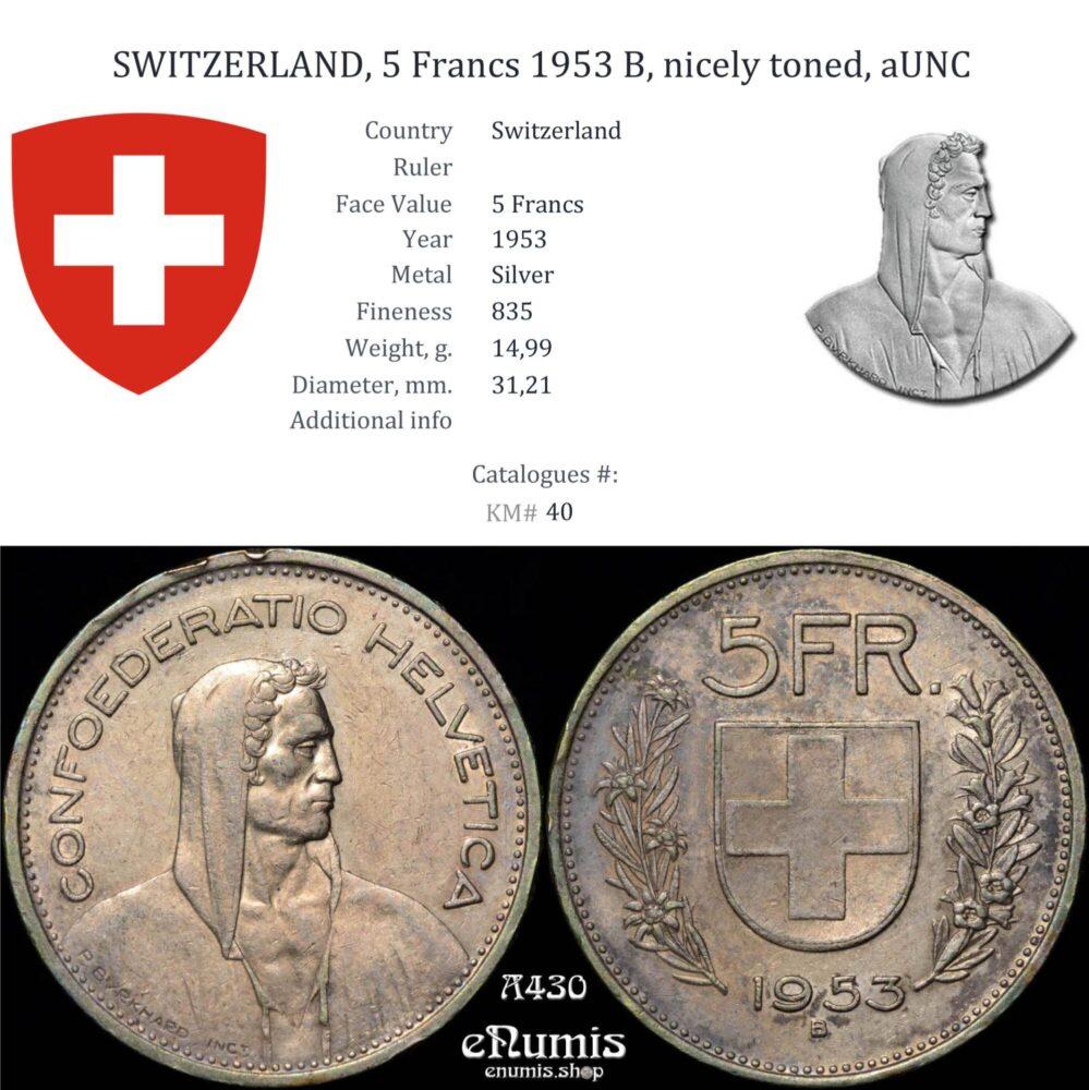 SWITZERLAND, 5 Francs 1953 B, nicely toned, aUNC