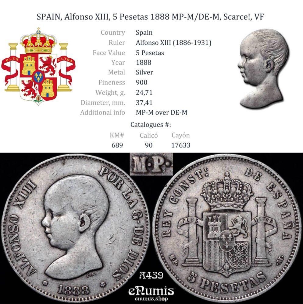 SPAIN, Alfonso XIII, 5 Pesetas 1888 MP-M/DE-M, Scarce!, VF