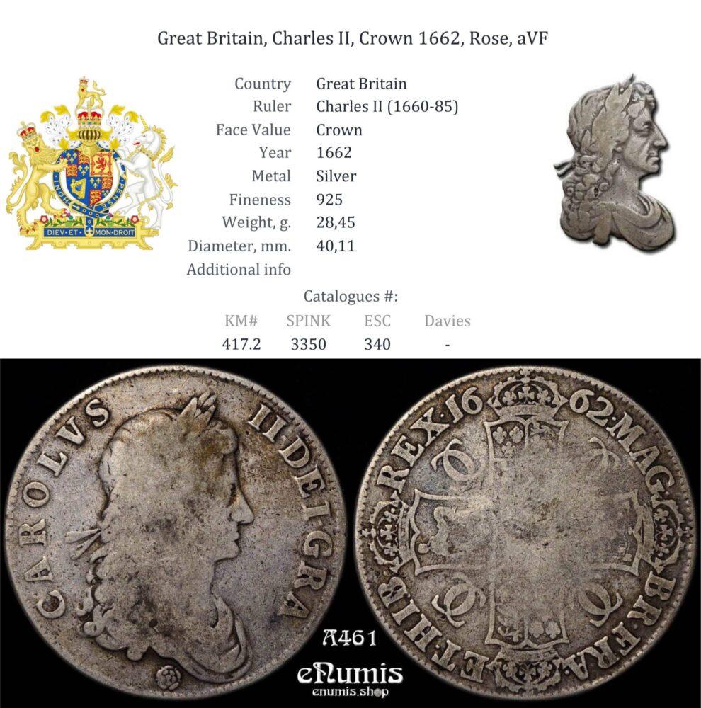 Great Britain, Charles II, Crown 1662, Rose, aVF