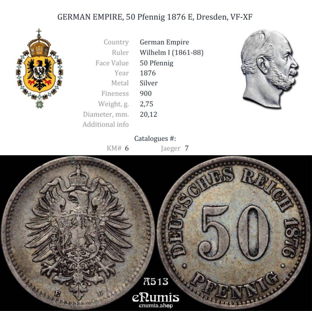GERMAN EMPIRE, 50 Pfennig 1876 E, Dresden, VF-XF