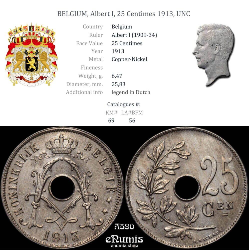 BELGIUM, Albert I, 25 Centimes 1913, UNC
