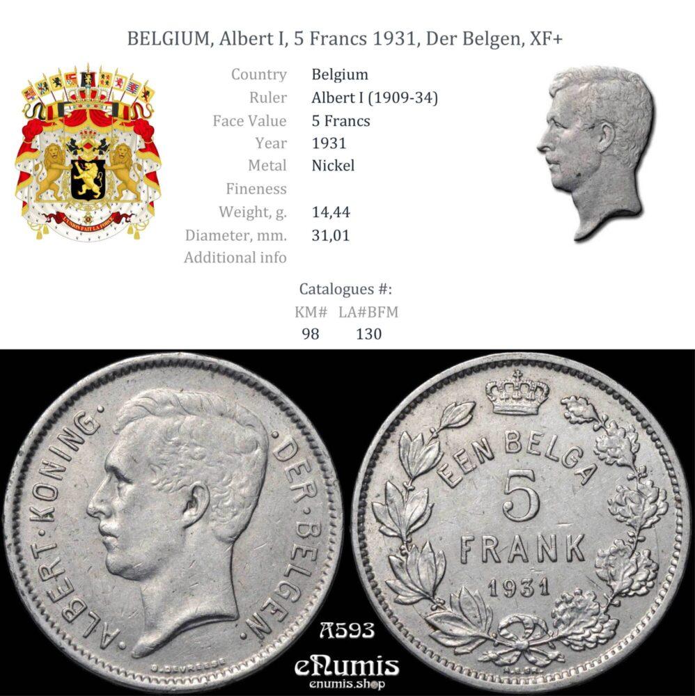 BELGIUM, Albert I, 5 Francs 1931, Der Belgen, XF+ BELGIUM, Albert I, 5 Francs 1931, Der Belgen, XF+