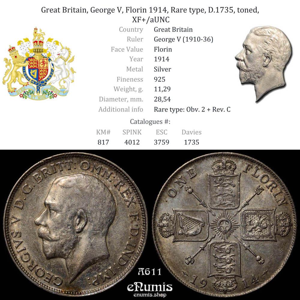 Great Britain, George V, Florin 1914, Rare type, D.1735, toned, XF+/aUNC