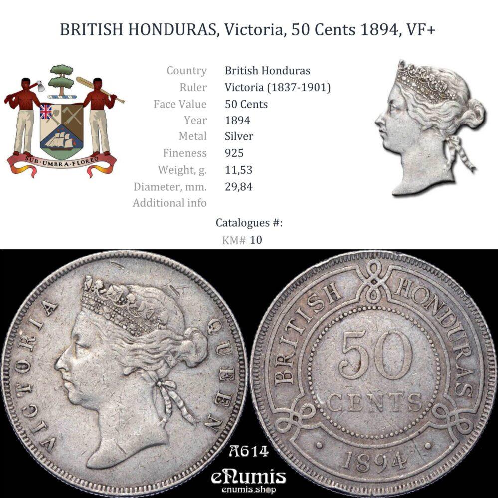 BRITISH HONDURAS, Victoria, 50 Cents 1894, VF+