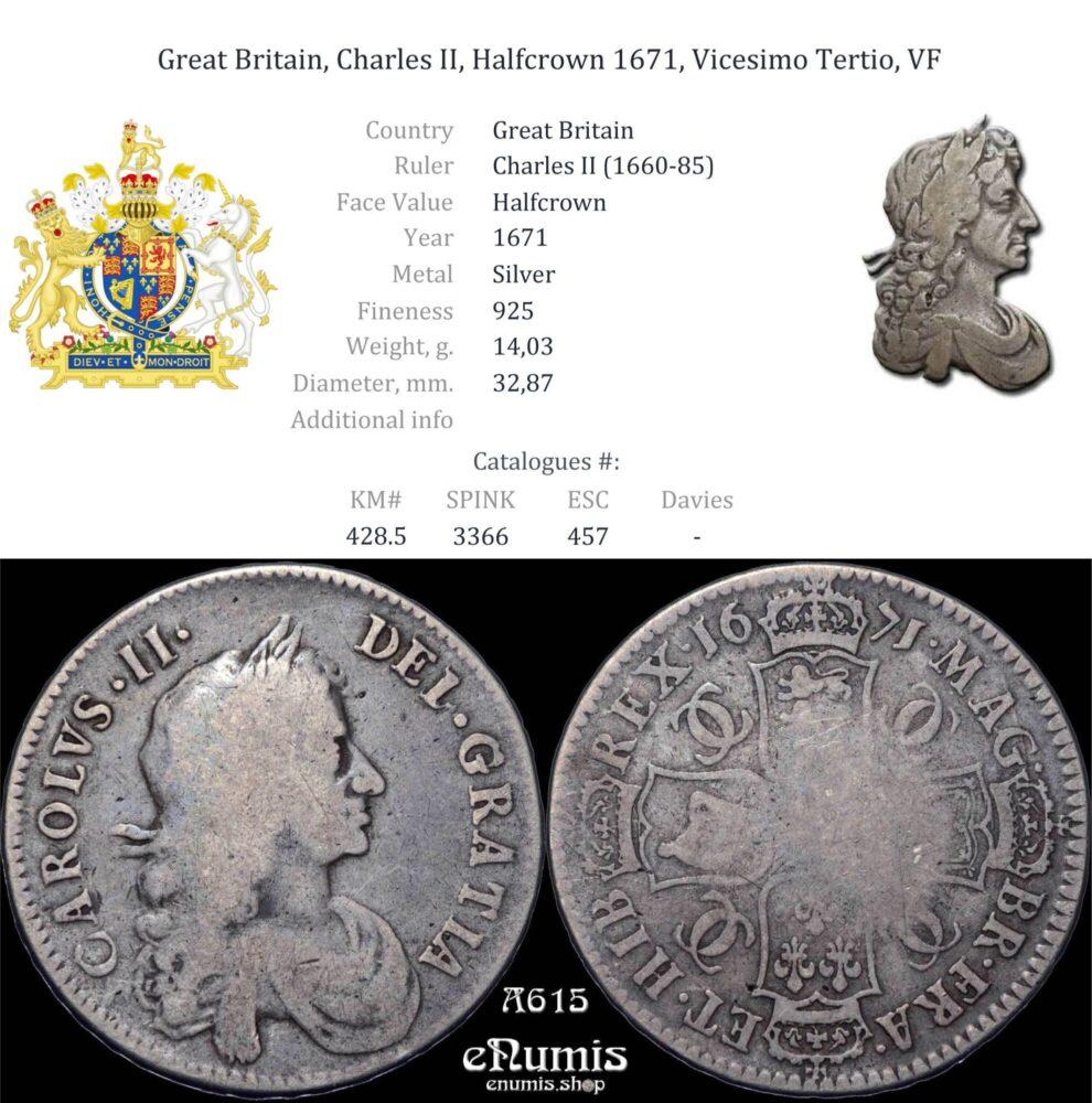 Great Britain, Charles II, Halfcrown 1671, Vicesimo Tertio, VF