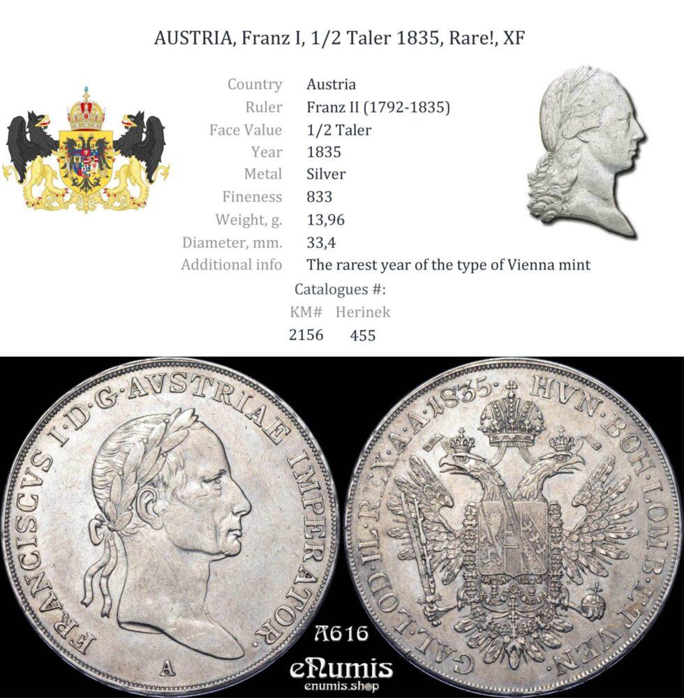 AUSTRIA, Franz I, 1/2 Taler 1835, Rare!, XF