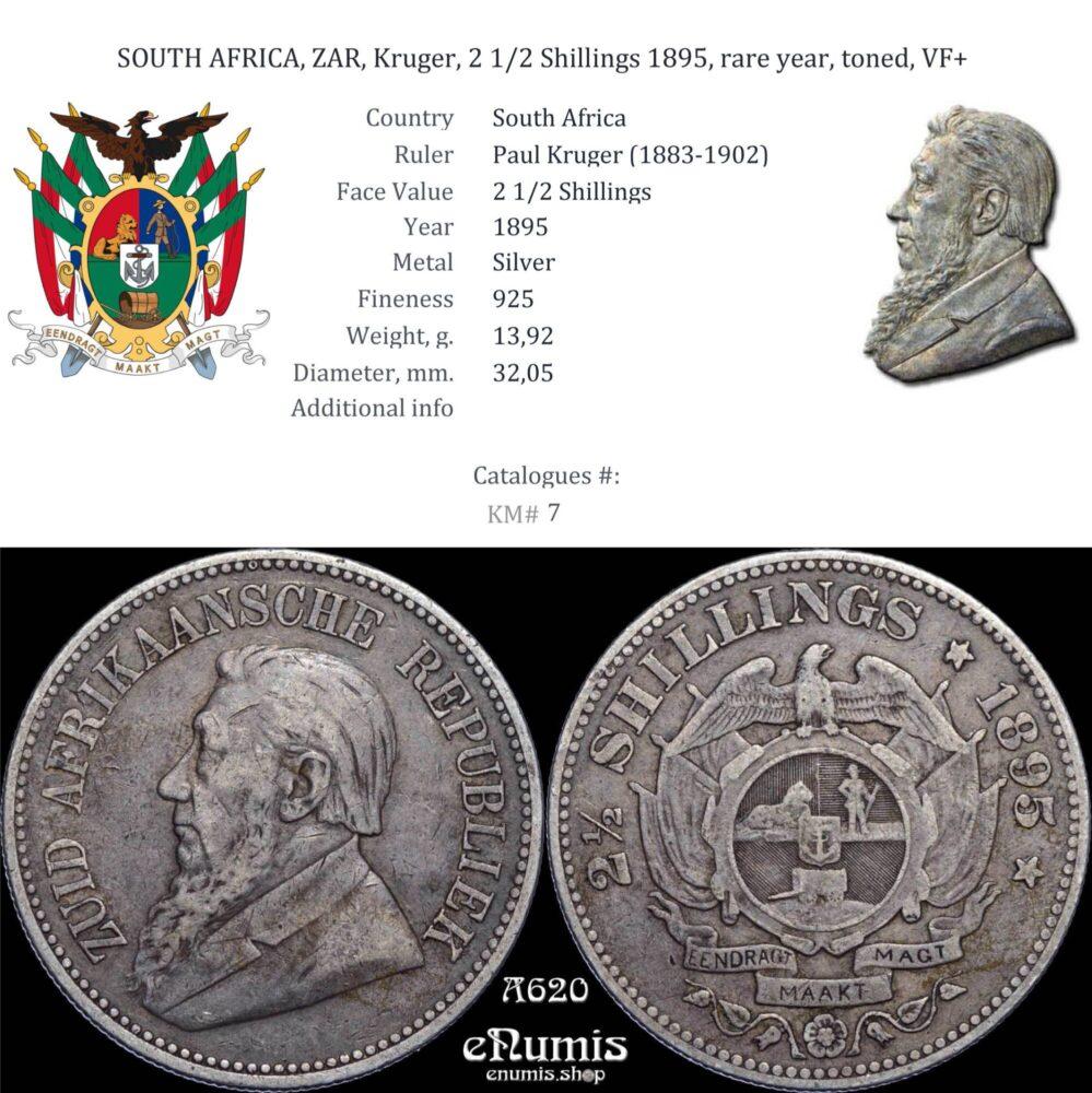 SOUTH AFRICA, ZAR, Kruger, 2 1/2 Shillings 1895, rare year, toned, VF+