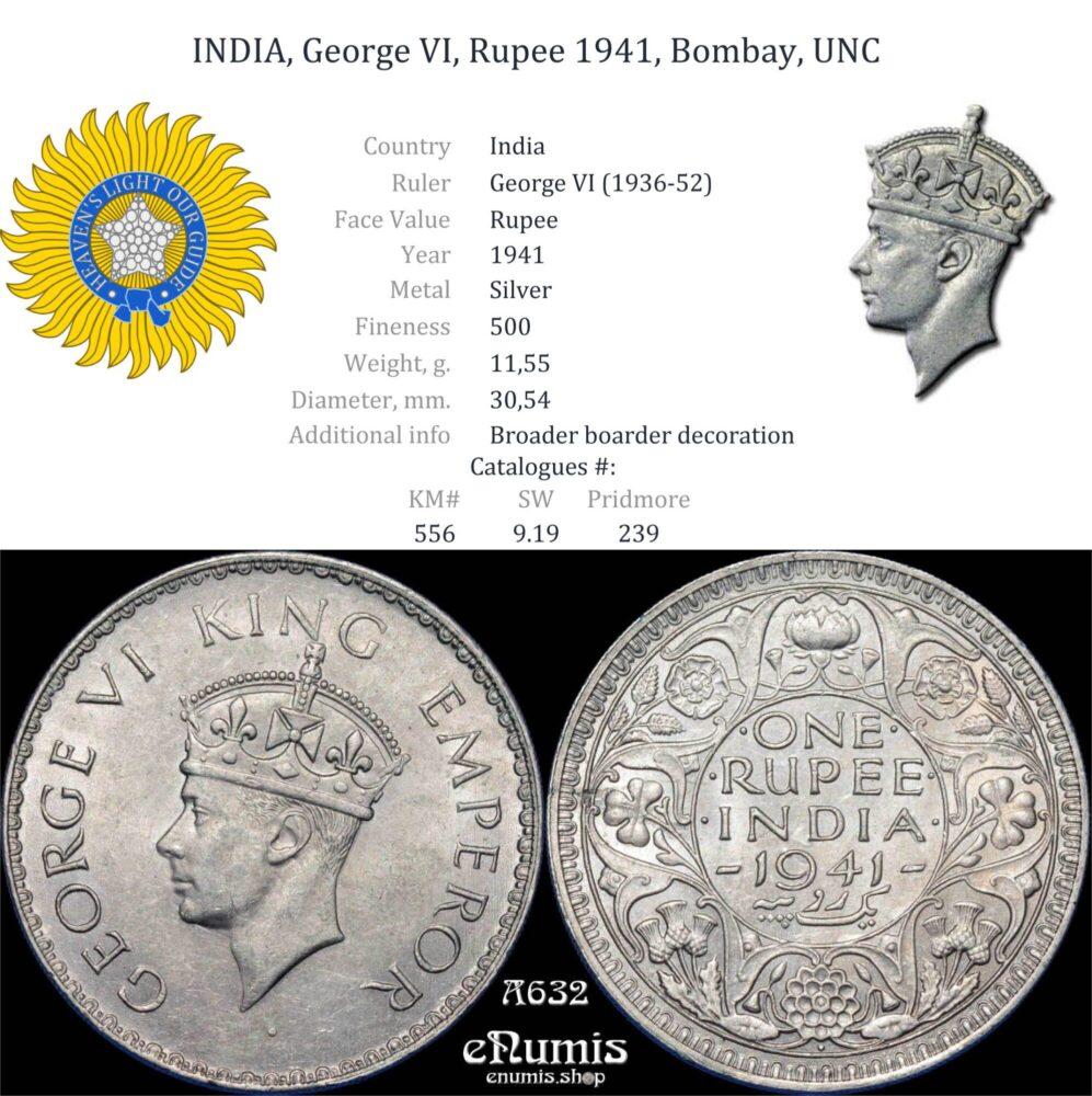 INDIA, George VI, Rupee 1941, Bombay, UNC INDIA, George VI, Rupee 1941, Bombay, UNC