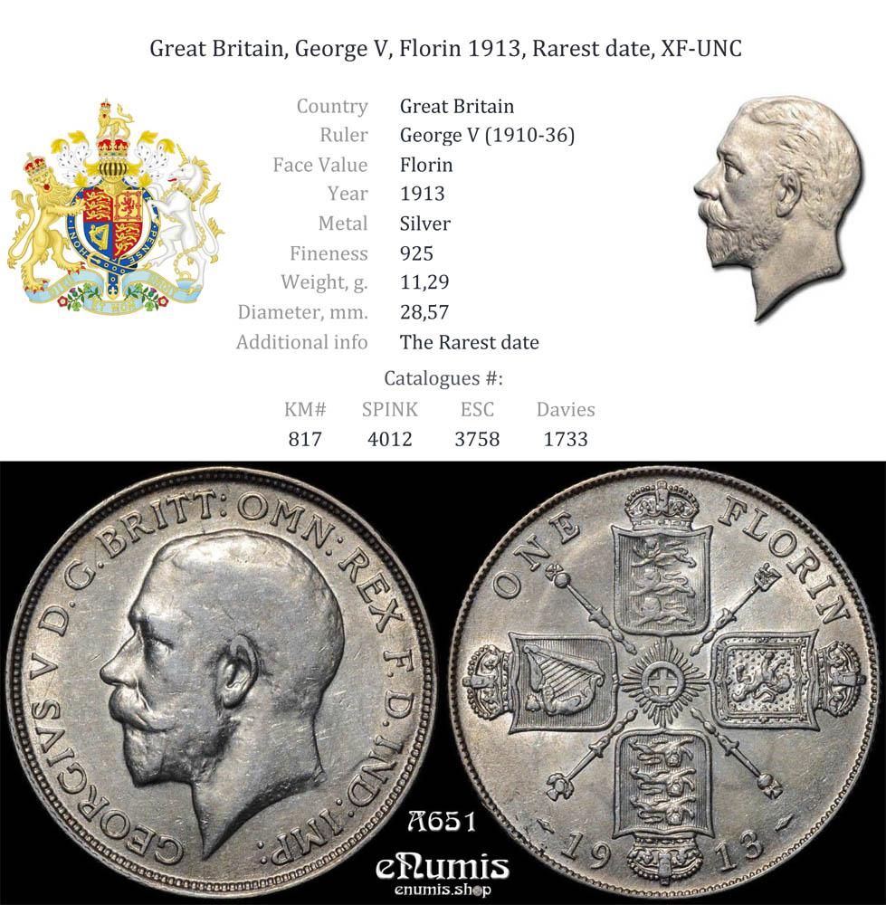 Great Britain, George V, Florin 1913, Rarest date, XF-UNC
