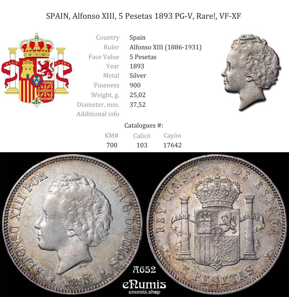 SPAIN, Alfonso XIII, 5 Pesetas 1893 PG-V, Rare!, VF-XF