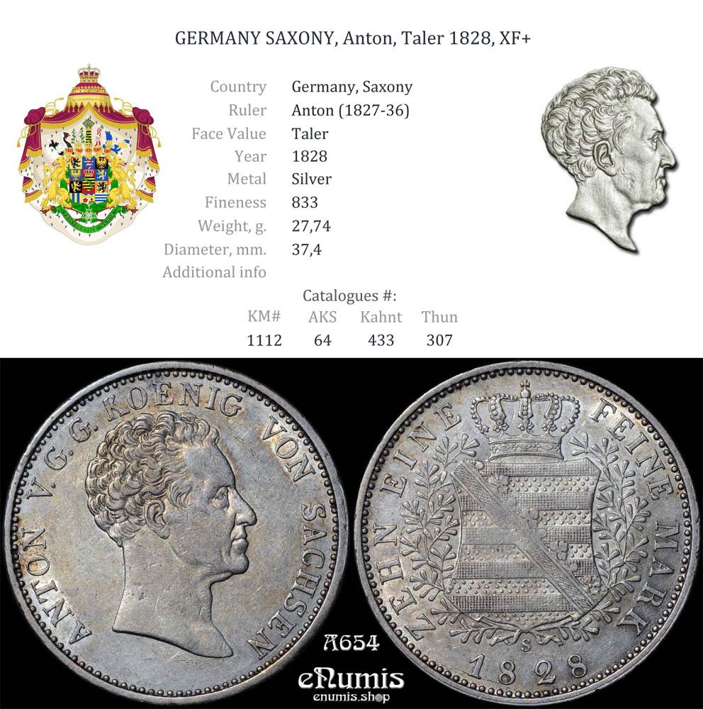 GERMANY SAXONY, Anton, Taler 1828, XF+ GERMANY SAXONY, Anton, Taler 1828, XF+