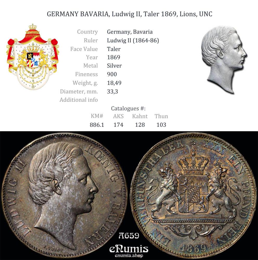 GERMANY BAVARIA, Ludwig II, Taler 1869, Lions, UNC